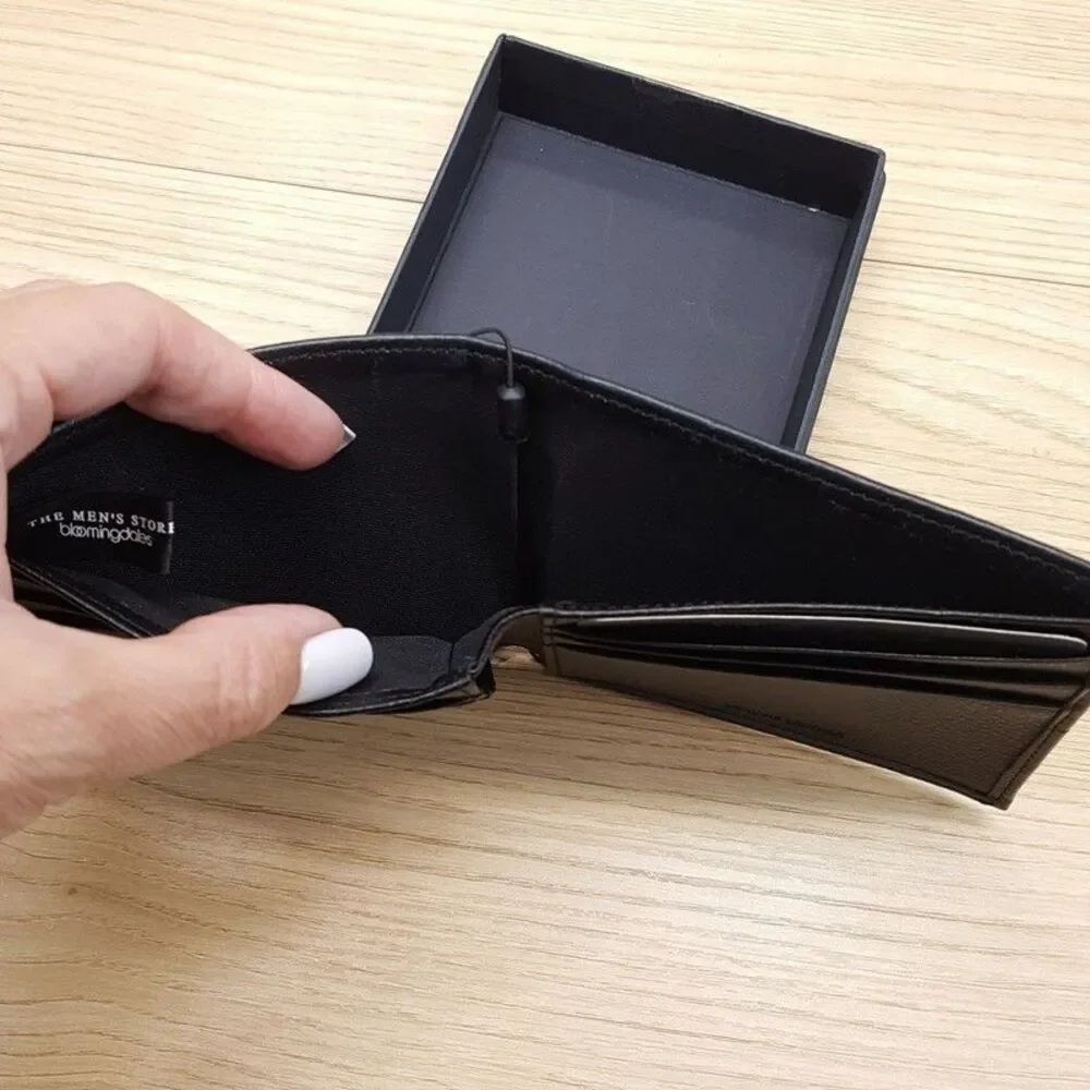 BLOOMINGDALES Mens Solid Black Genuine Leather Wallet Bifold Center Line
